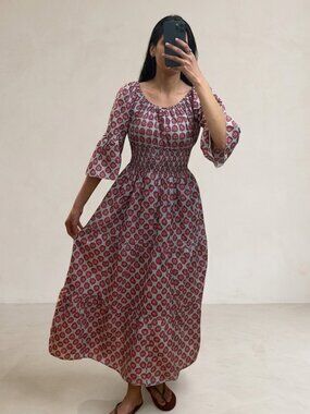 Boho Red Paisley Midi Dress | Smocked Waist
